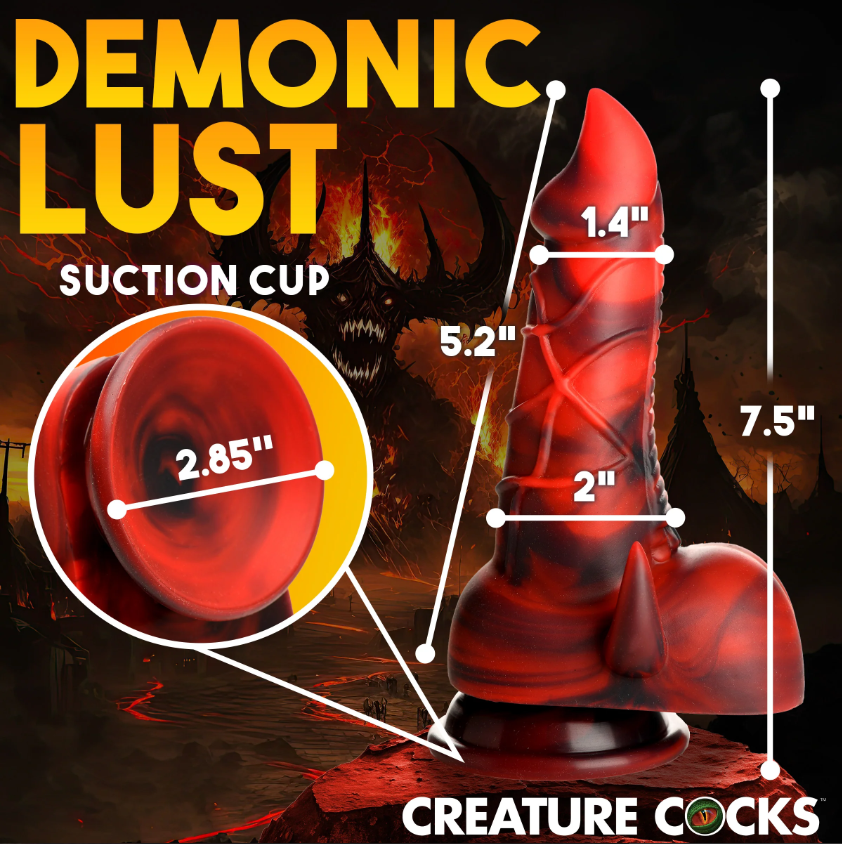 Red and black marbled silicone dildo with suction cup base and demonic design.