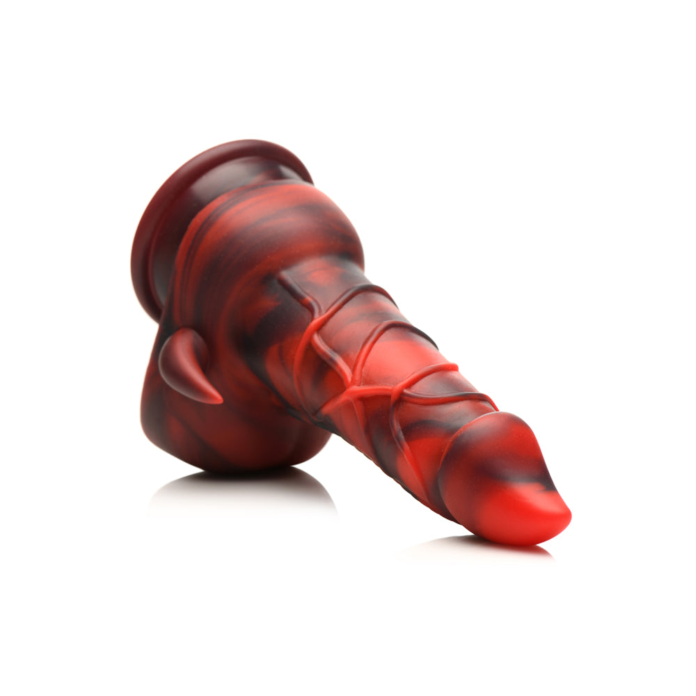 Red and black marbled silicone dildo with a textured shaft and suction cup base.