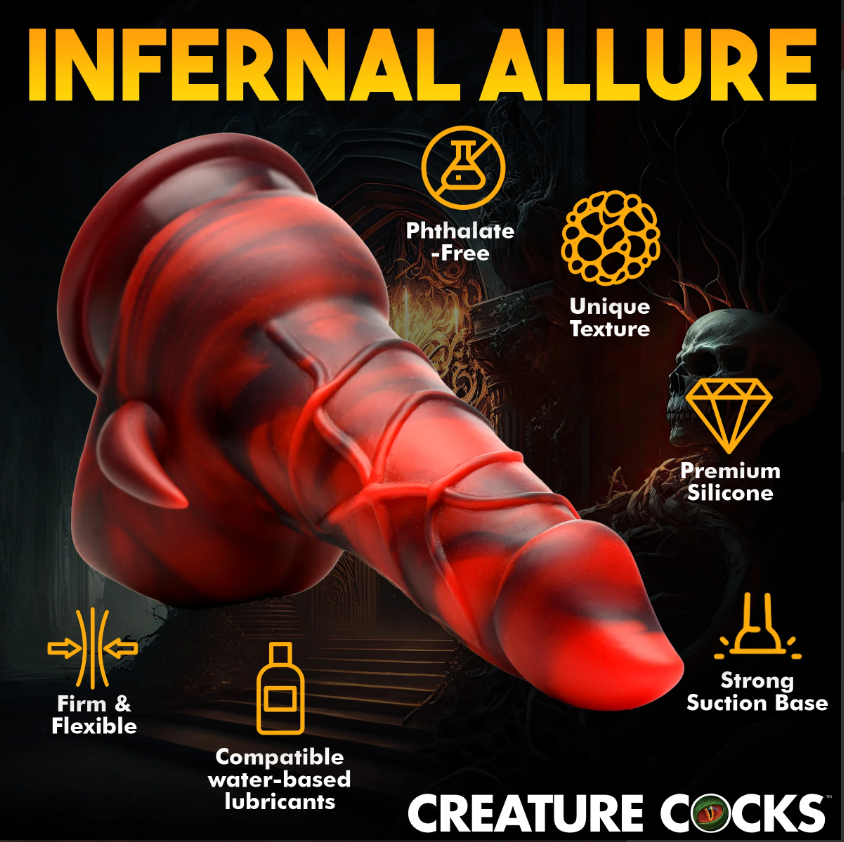Red and black marbled silicone dildo with a suction cup base.