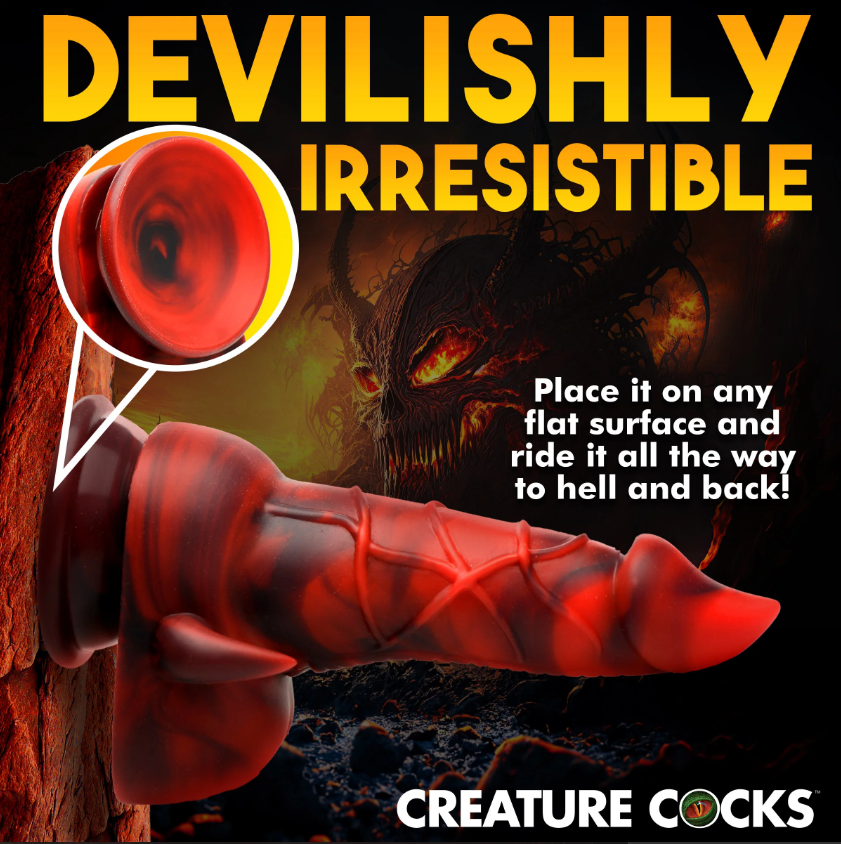Red and black marbled silicone dildo with suction cup base and demonic details.