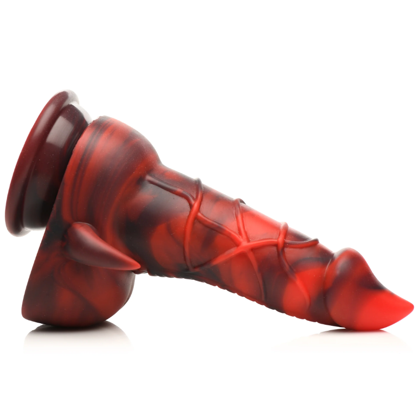 Red and black marbled silicone dildo with a suction cup base and horn details.