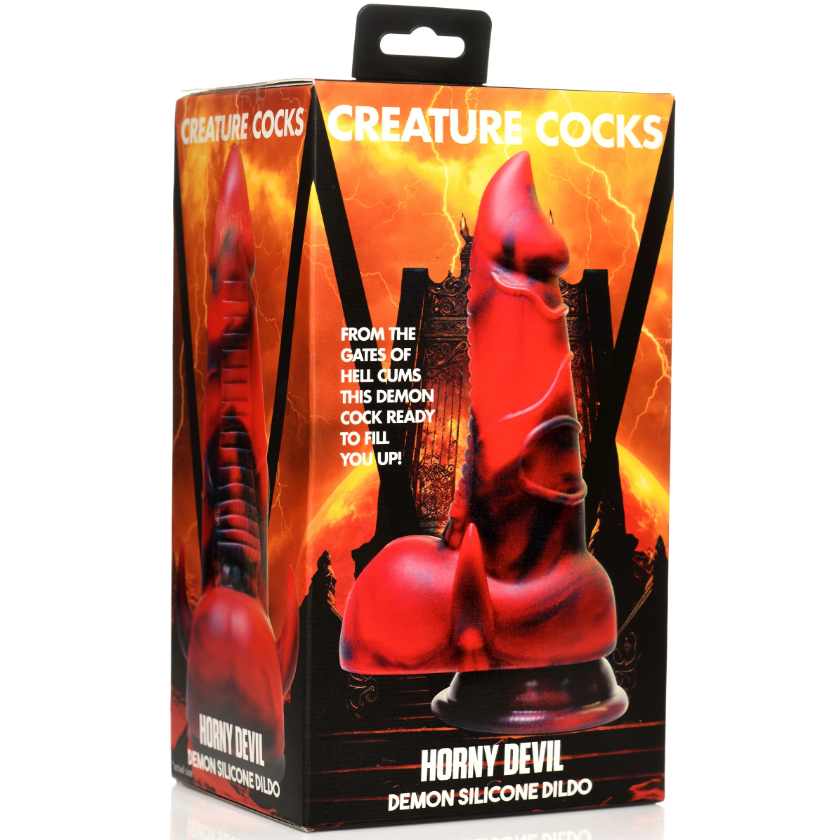 Red and black devil fantasy silicone dildo with suction cup base.