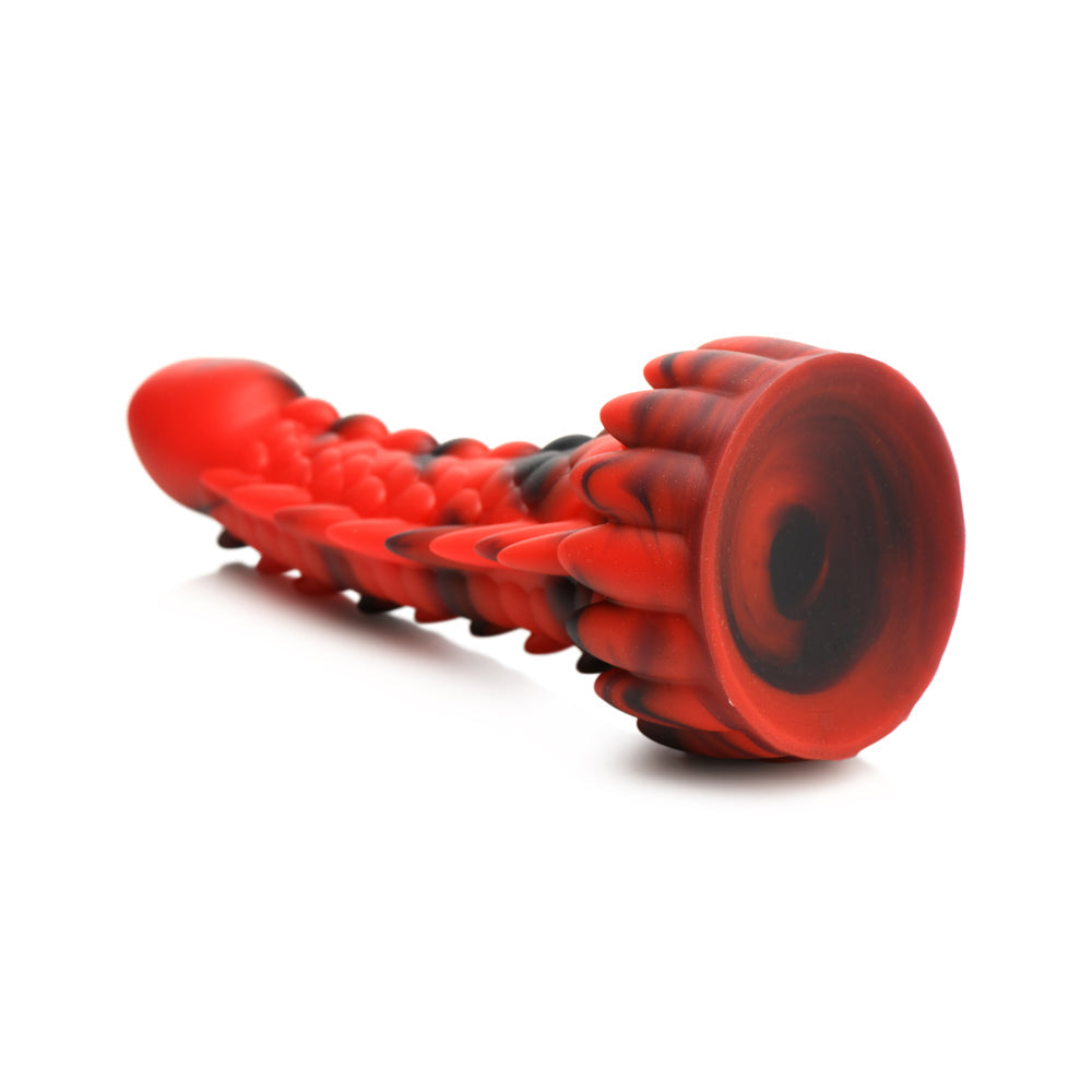 Red and black dragon-shaped silicone dildo with suction cup base.