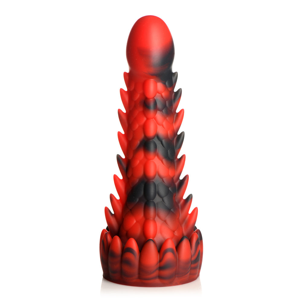 Red and black dragon-shaped silicone dildo with scales and spikes.