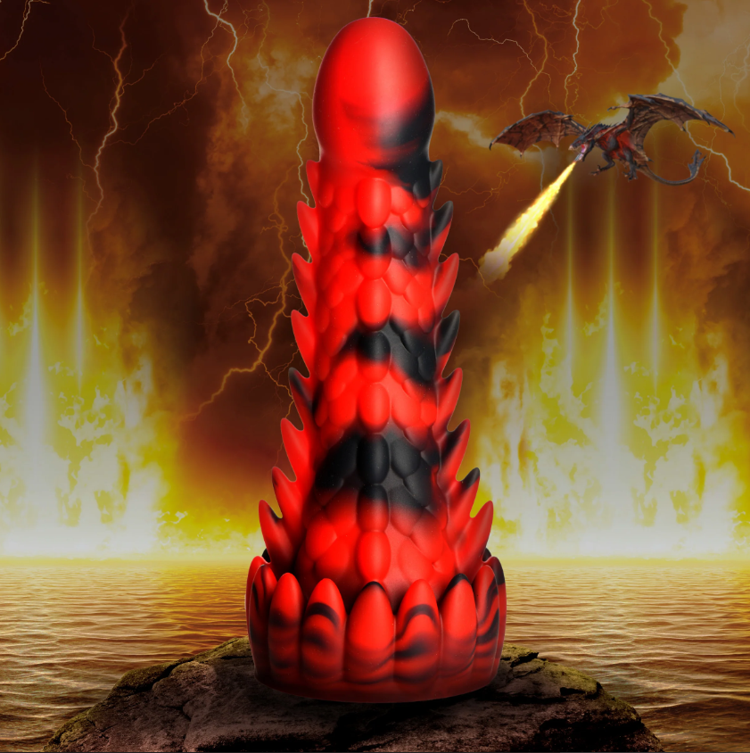 Red and black dragon-shaped silicone dildo with scales and suction cup base.