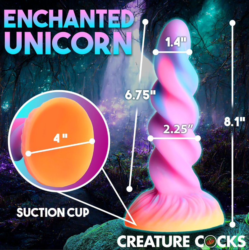 A pink and blue spiral unicorn dildo with dimensions and a suction cup base.