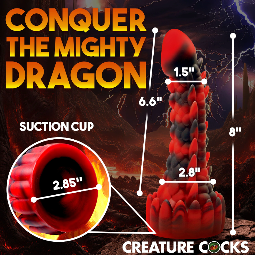 Red and black dragon dildo with suction cup, 8 inches long.