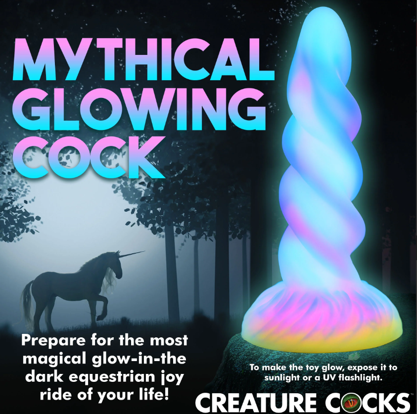 A glow-in-the-dark unicorn dildo with a spiral horn and suction base.