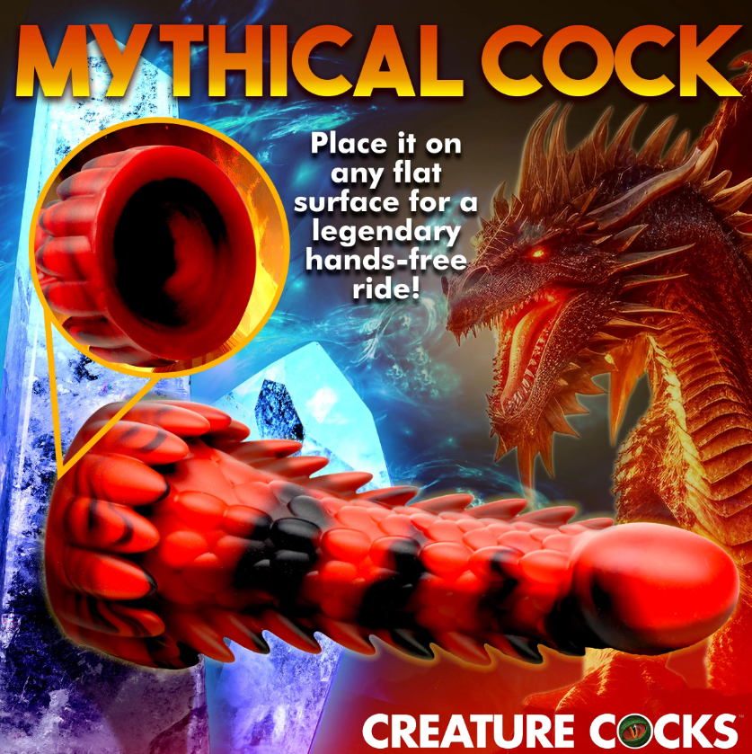 Red and black dragon-shaped dildo with suction cup base.