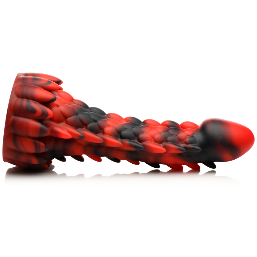 Red and black dragon-shaped silicone dildo with scales and suction cup.