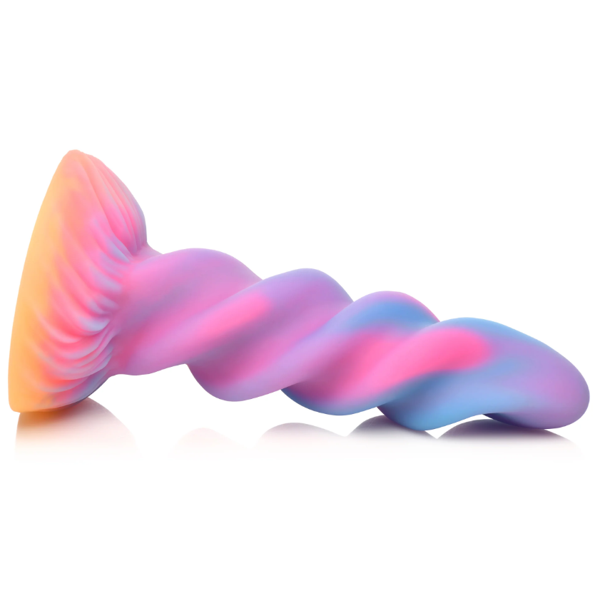 A spiral unicorn dildo with a gradient of orange, pink, and blue.
