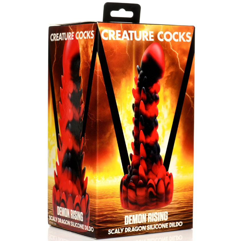 Demon Rising Scaly Dragon Silicone Dildo box with red and black dragon imagery.