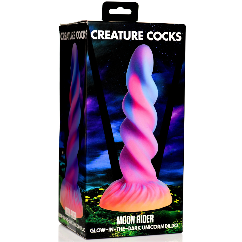 A glow-in-the-dark unicorn dildo with a spiral horn and flared base.