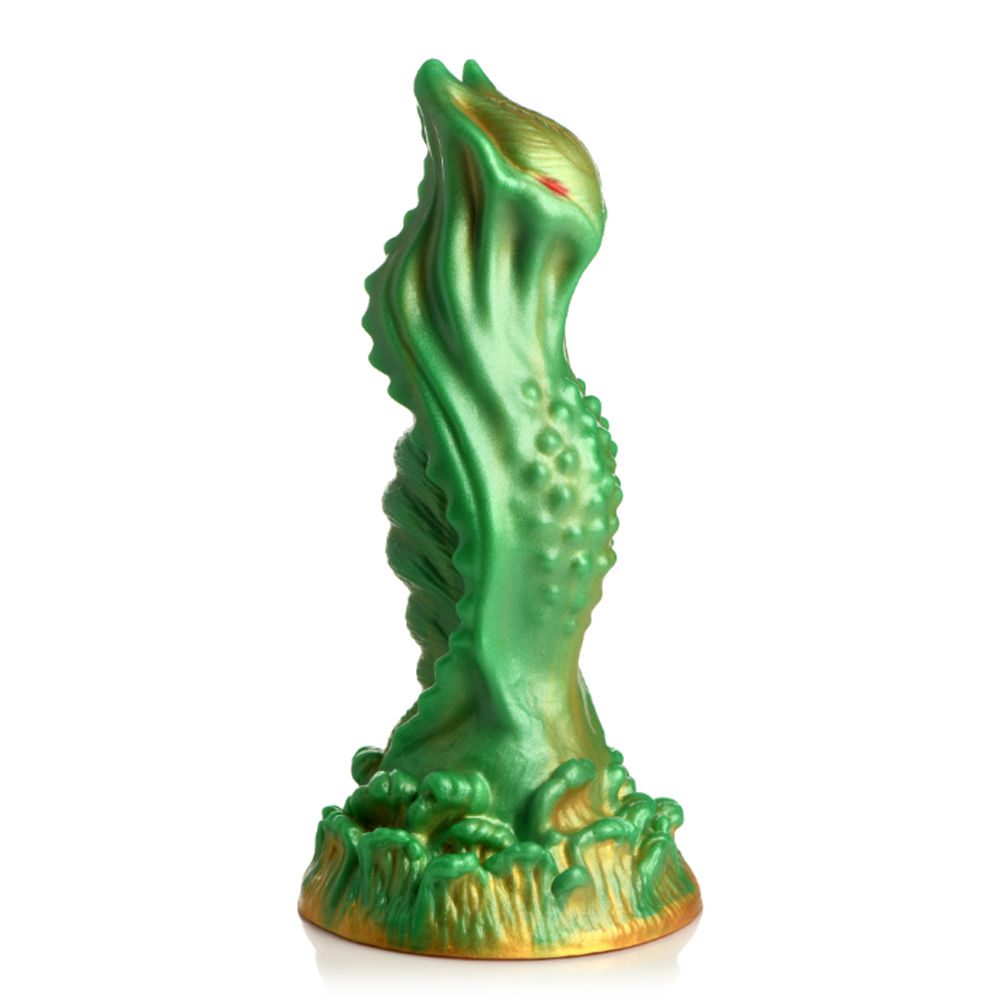 Green and gold alien-shaped dildo with textured bumps and a suction cup base.