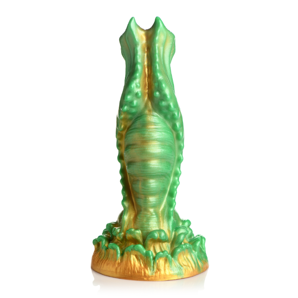 Green and gold textured alien dildo with a suction cup base.