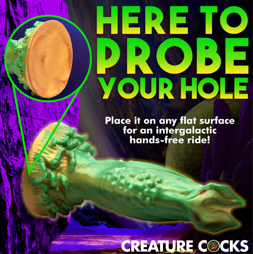 Green alien dildo with suction cup base and textured body.