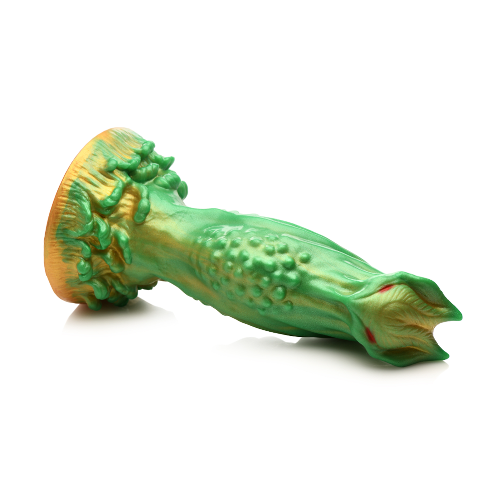 Green and gold alien-shaped silicone dildo with textured bumps and a suction cup base.