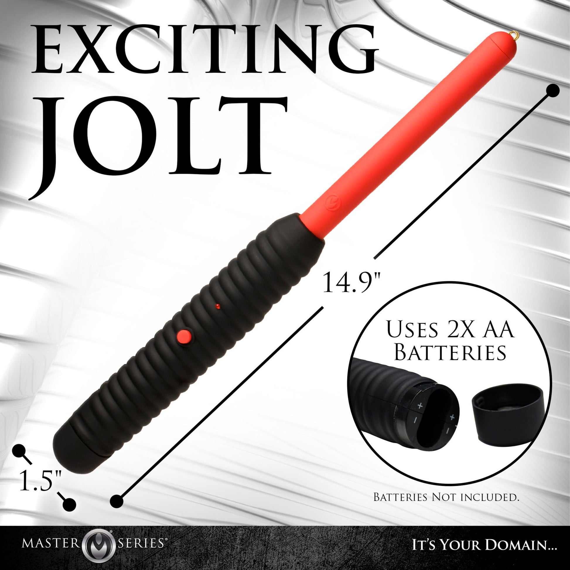 Spark Rod electric zapping wand with ribbed grip, 14.9 inches long and 1.5 inches wide.