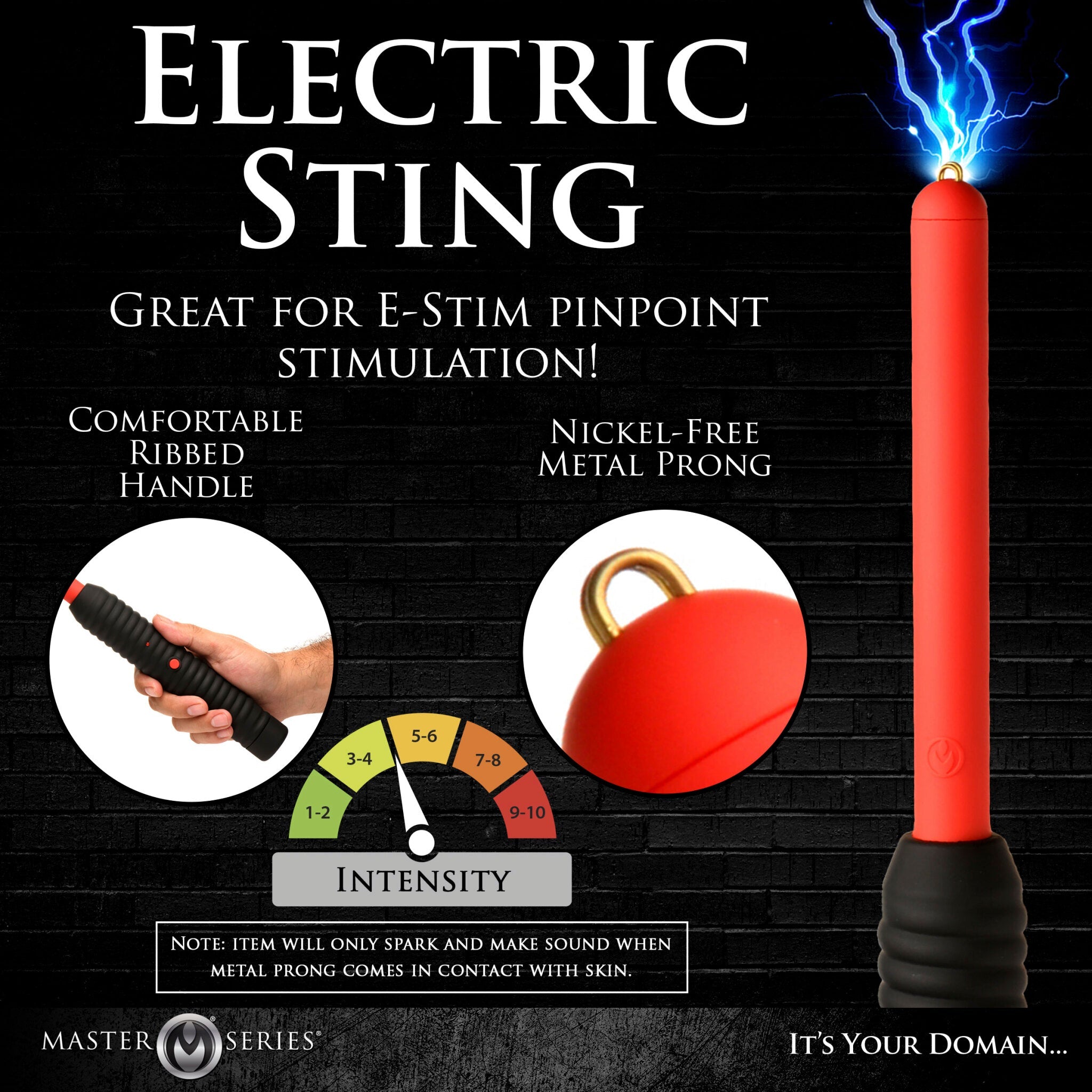 Red electric zapping wand with ribbed grip and intensity gauge.