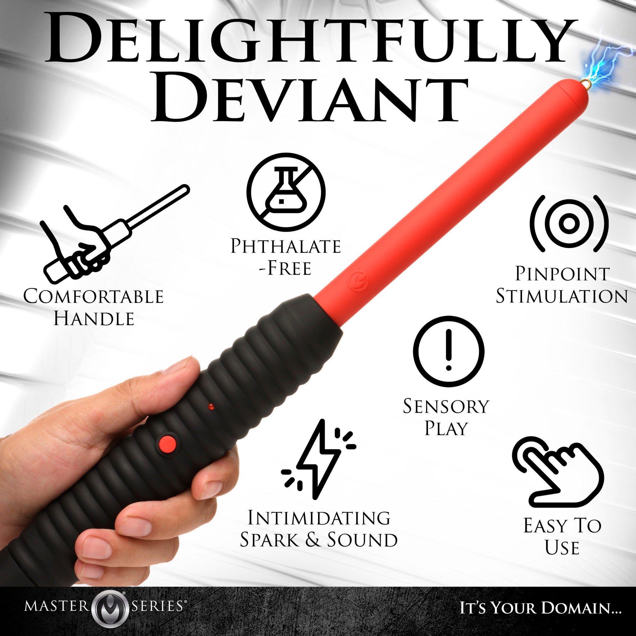 A red and black electric zapping wand with a ribbed grip and intimidating spark and sound.