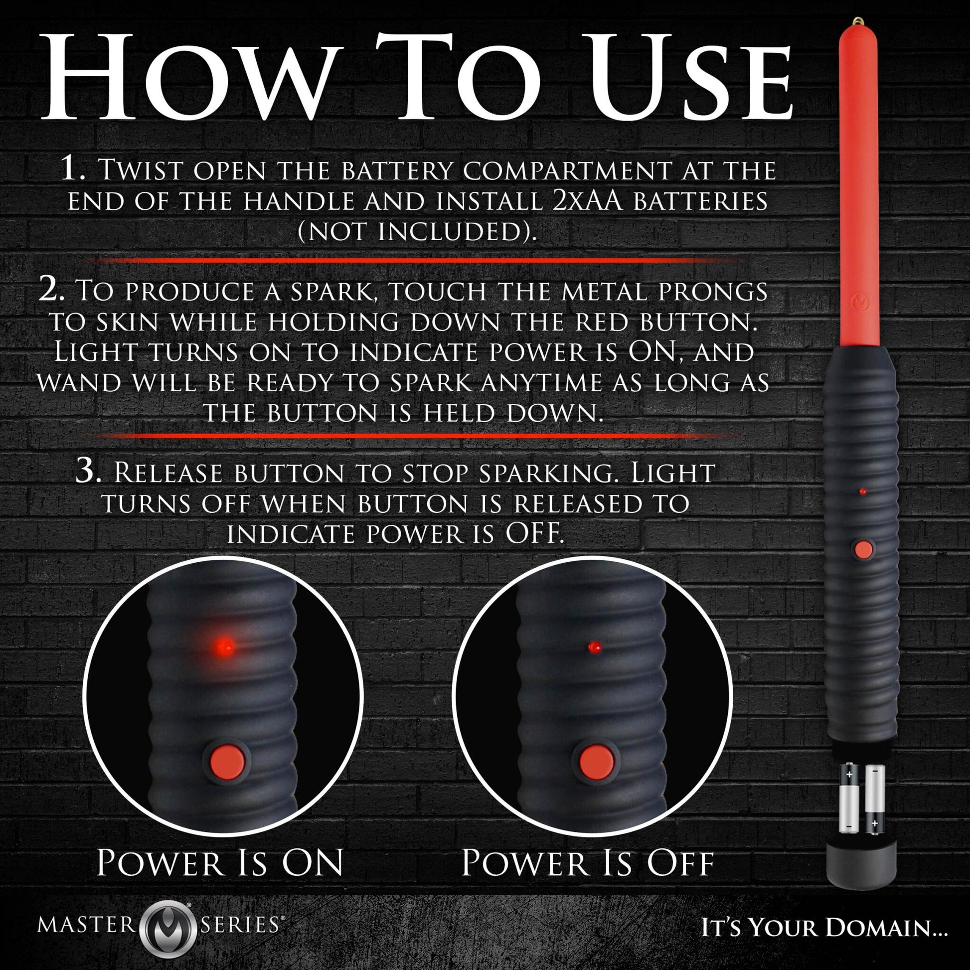 Red and black ribbed electric zapping wand with instructions and batteries.
