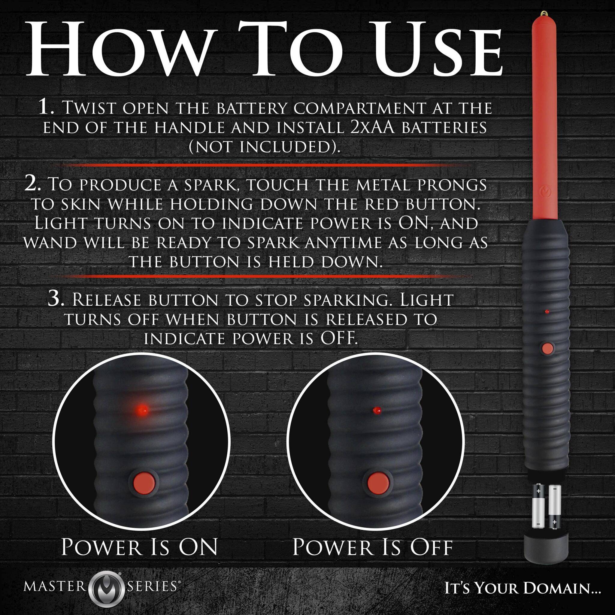 Red and black ribbed electric zapping wand with instructions and batteries.