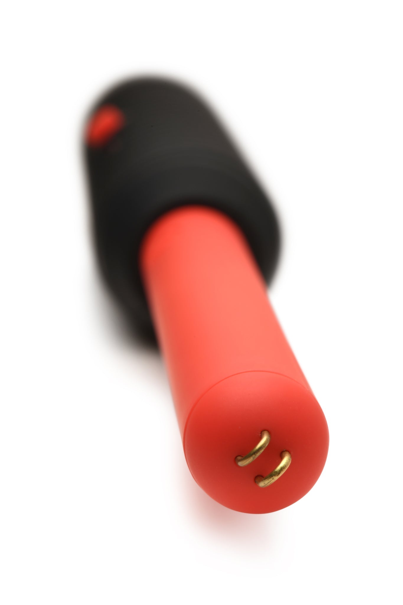 Red and black electric zapping wand with ribbed grip and dual metal points.