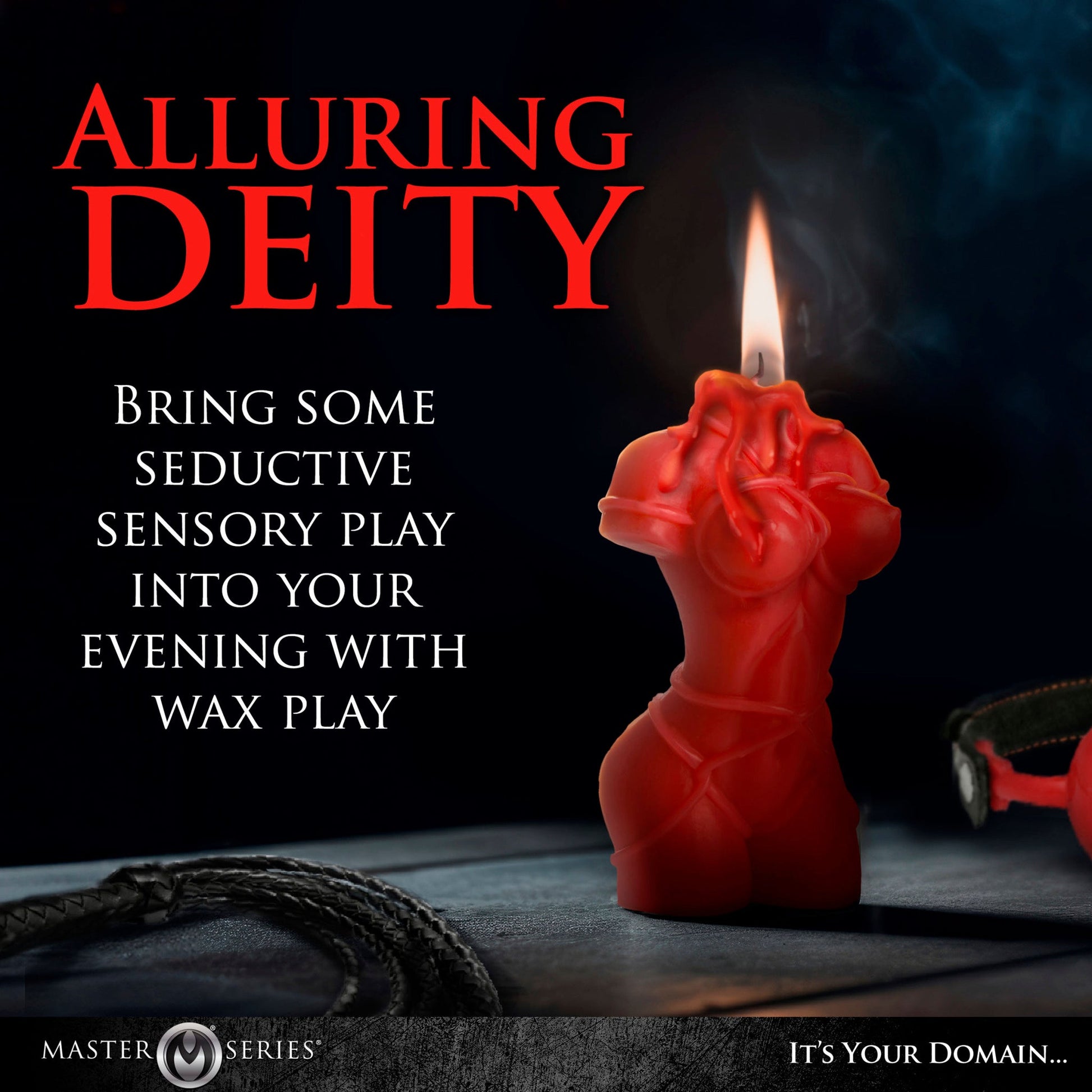 Red torso-shaped candle with a flame, designed for wax play.
