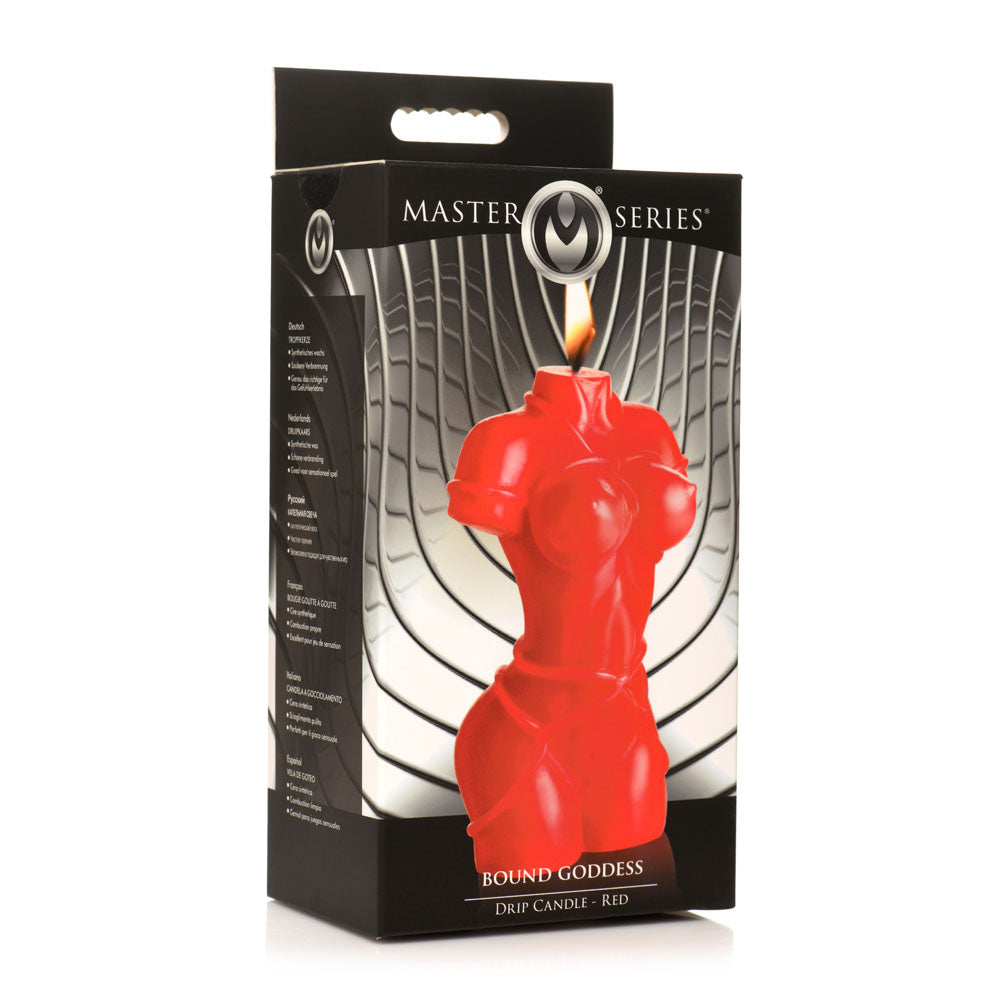 Red torso-shaped candle labeled "Bound Goddess Drip Candle - Red".