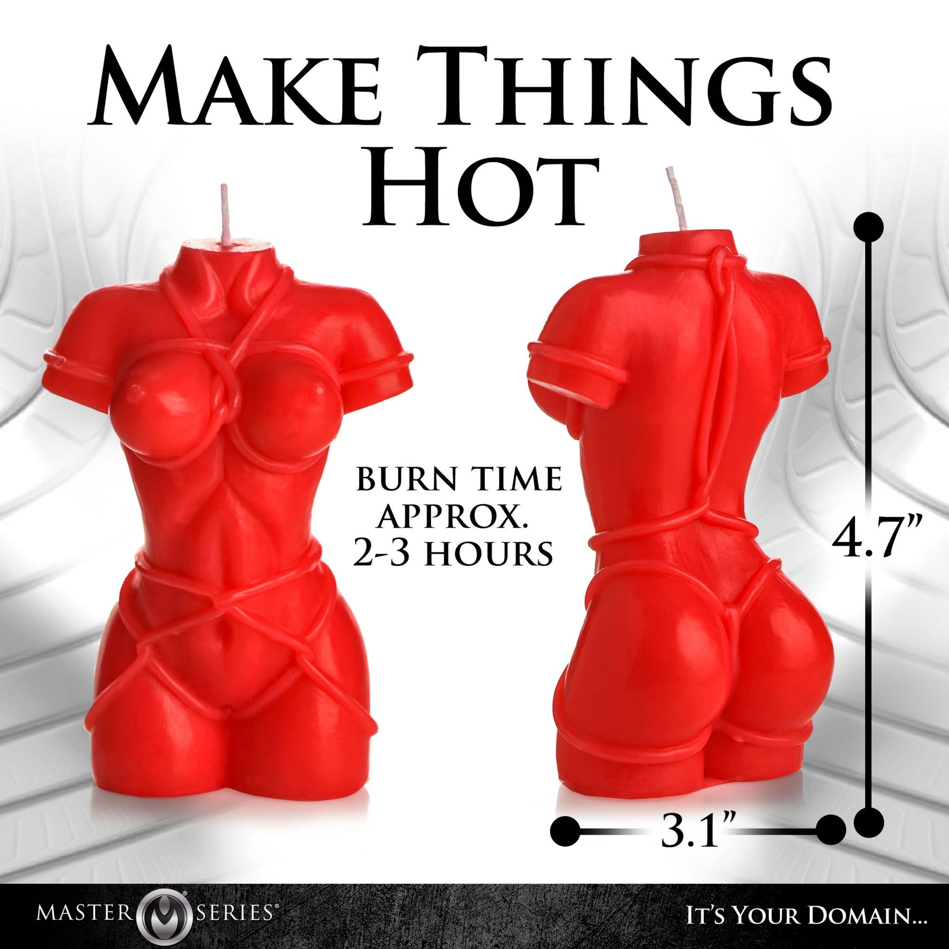 Red female torso candle bound in rope, 4.7 inches tall.