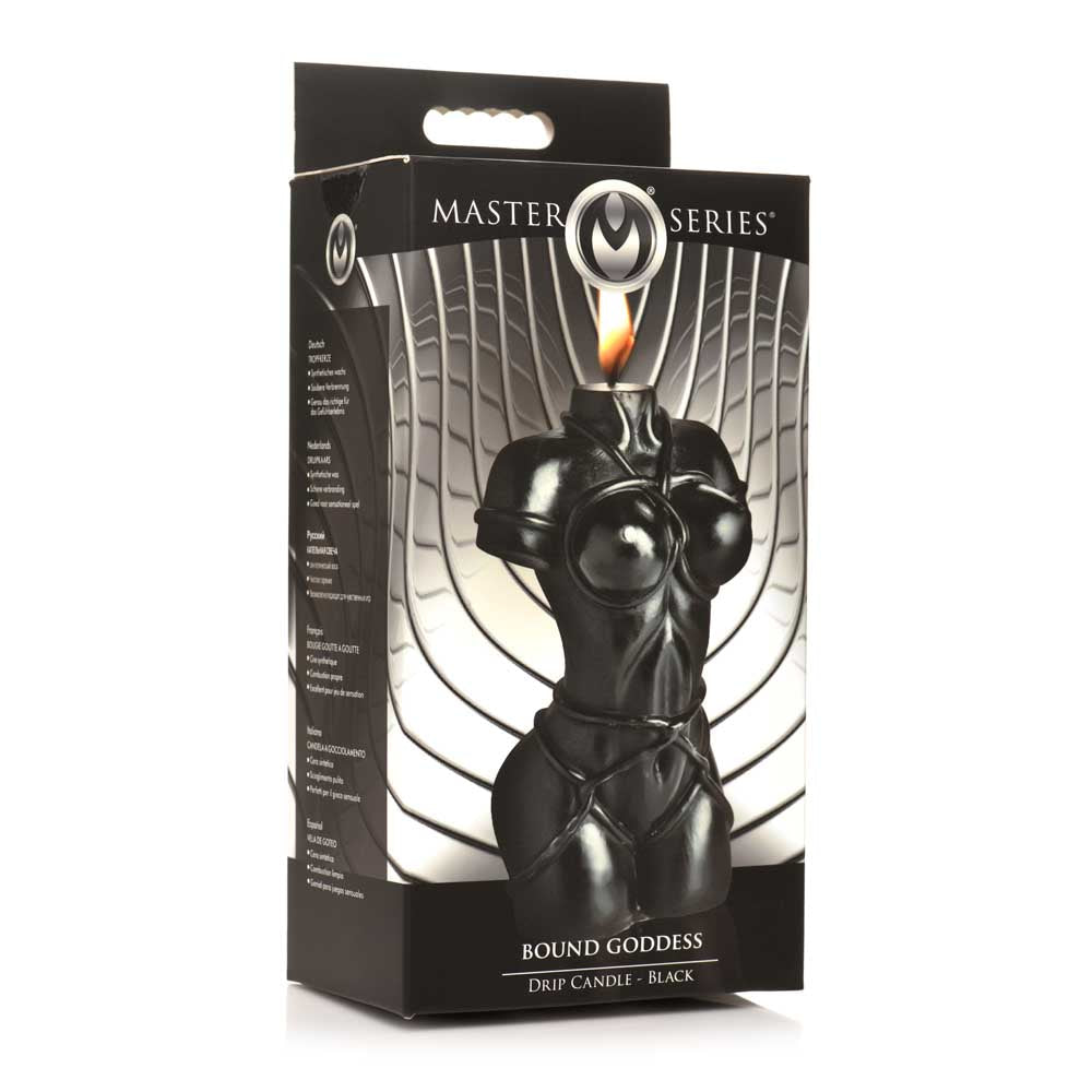 Black torso-shaped drip candle with a flame on top, labeled "Bound Goddess".
