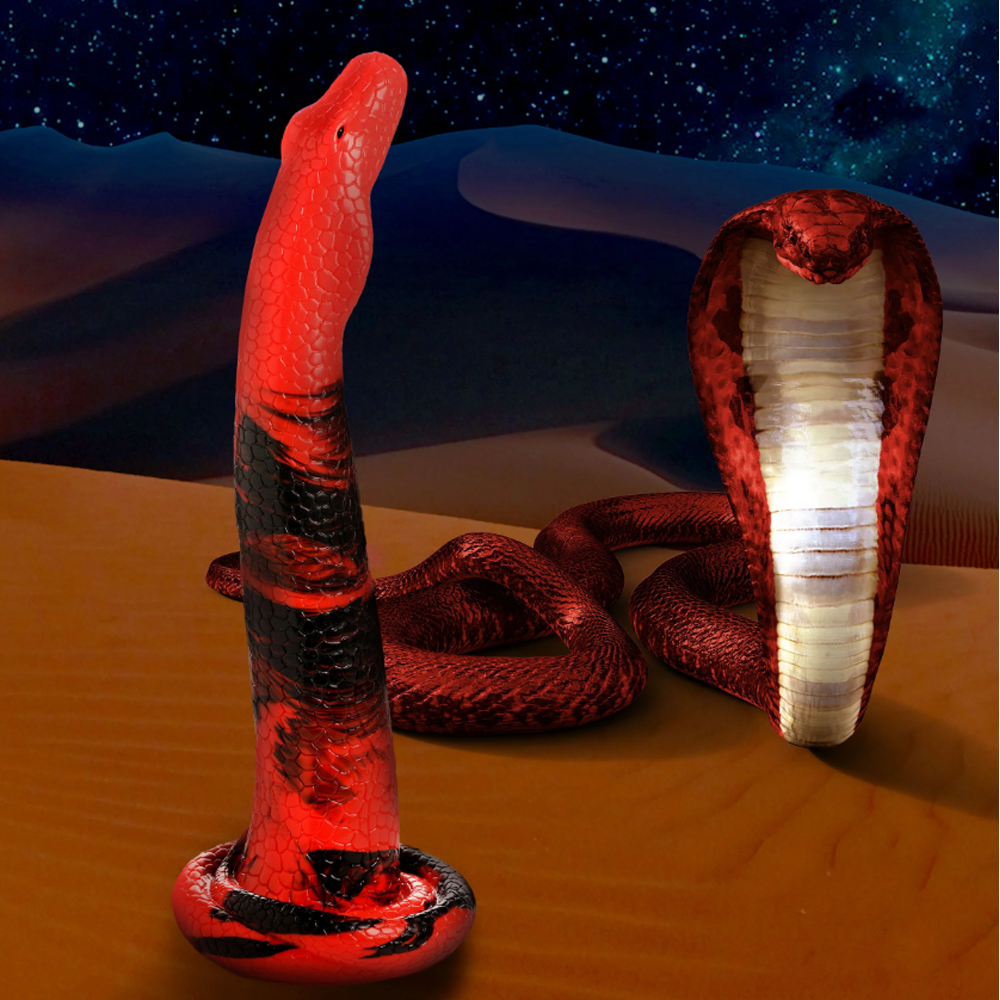 Red and black King Cobra fantasy dildo with suction cup base.