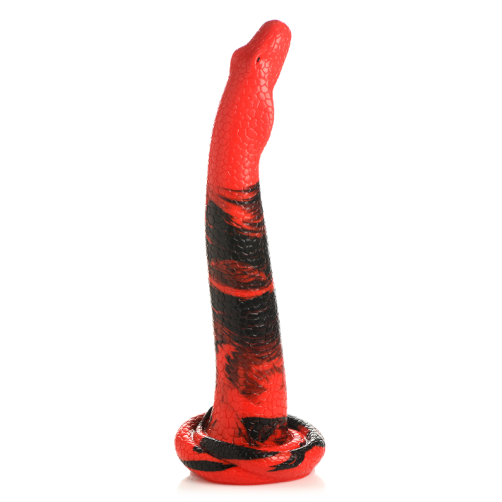 Red and black snake-shaped dildo with a suction cup base.