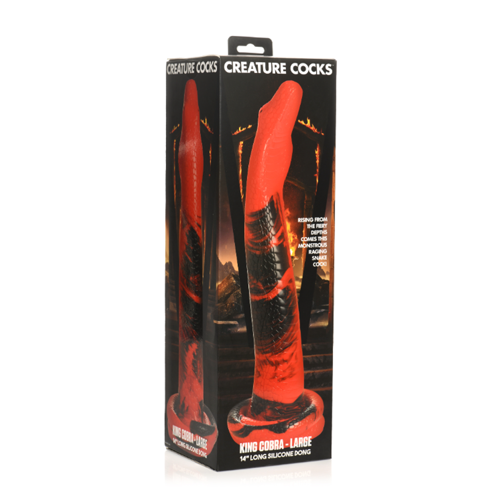 Red and black King Cobra 14 inch silicone dildo in packaging.