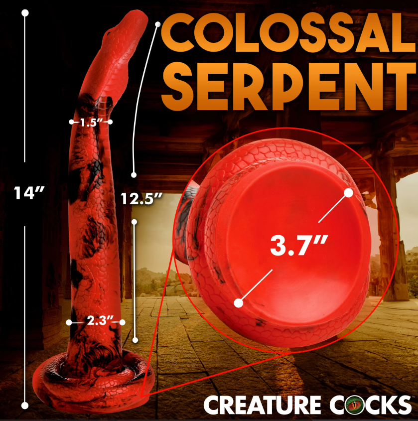 A red and black King Cobra dildo measuring 14 inches long with a 3.7 inch base diameter.