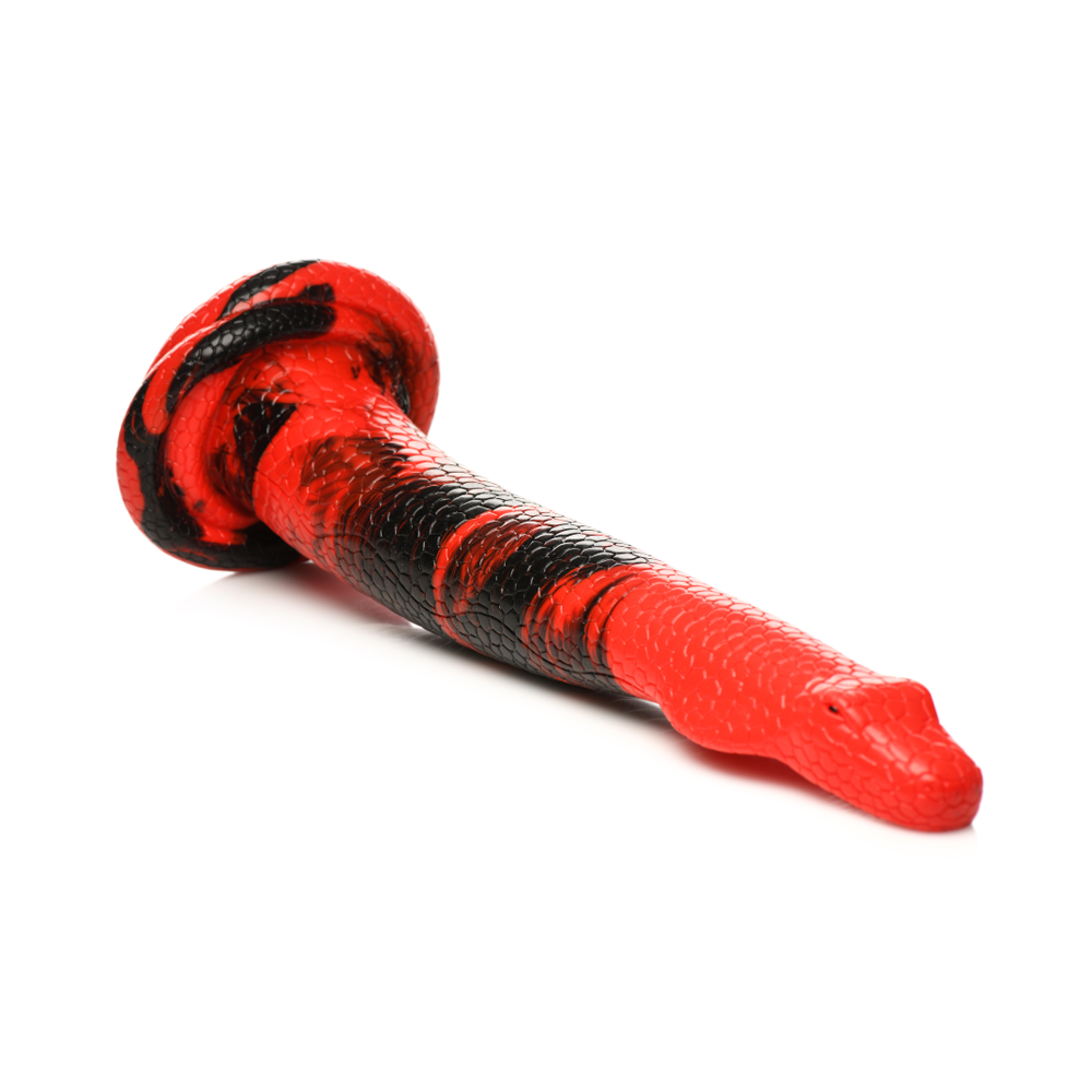 Red and black snake-shaped silicone dildo with a suction cup base.