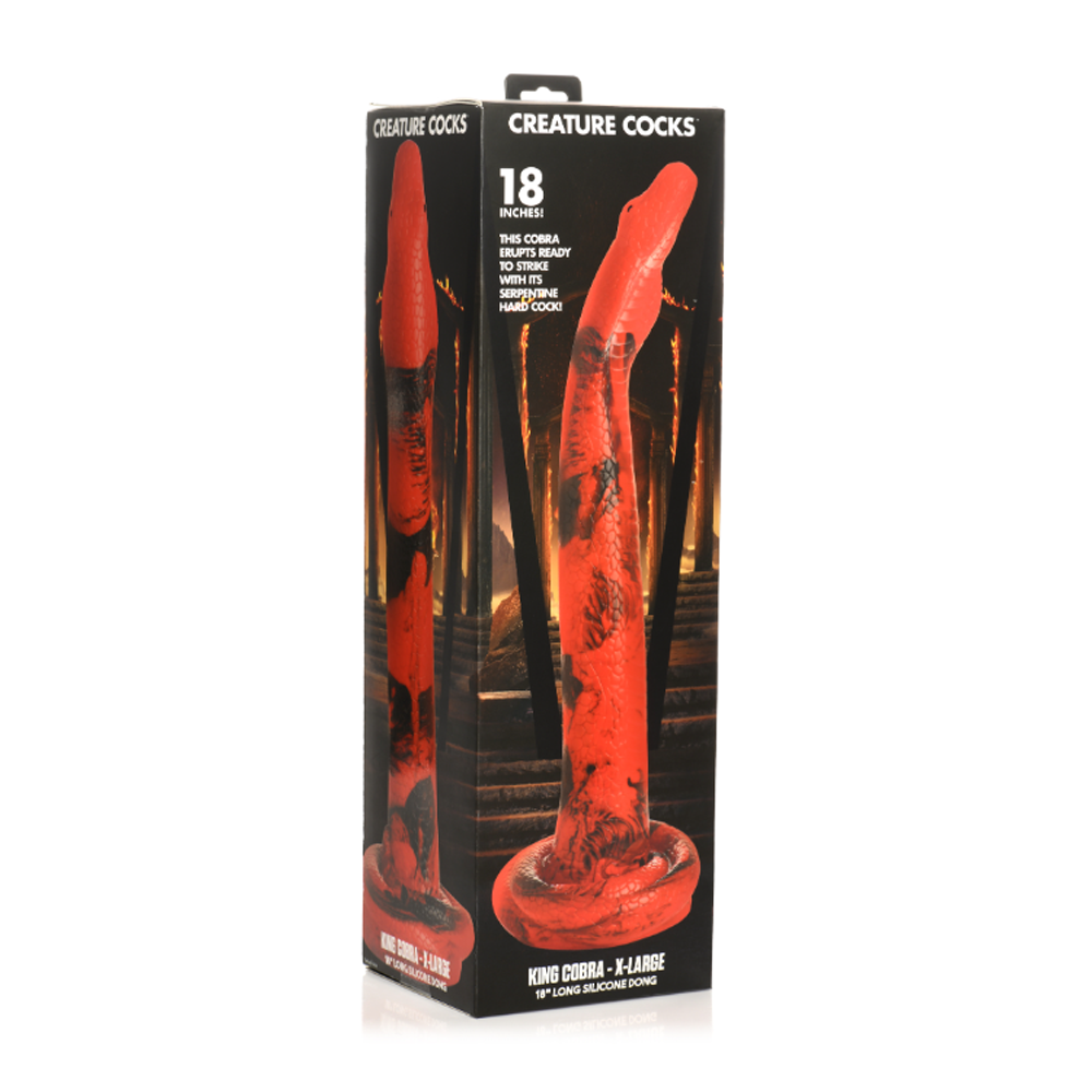 Red King Cobra 18 inch silicone dildo in packaging.