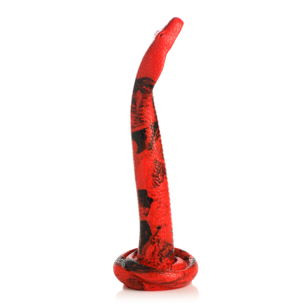 Red and black patterned snake-shaped dildo with a suction cup base.