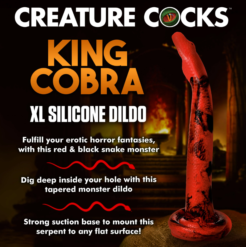 Red and black King Cobra silicone dildo with suction cup base.