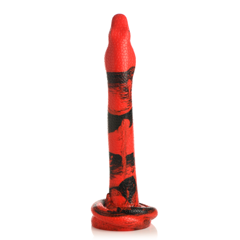 Red and black patterned snake-shaped dildo with a suction cup base.