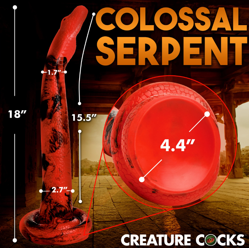 An 18-inch red and black King Cobra dildo with textured scales and a suction cup base.