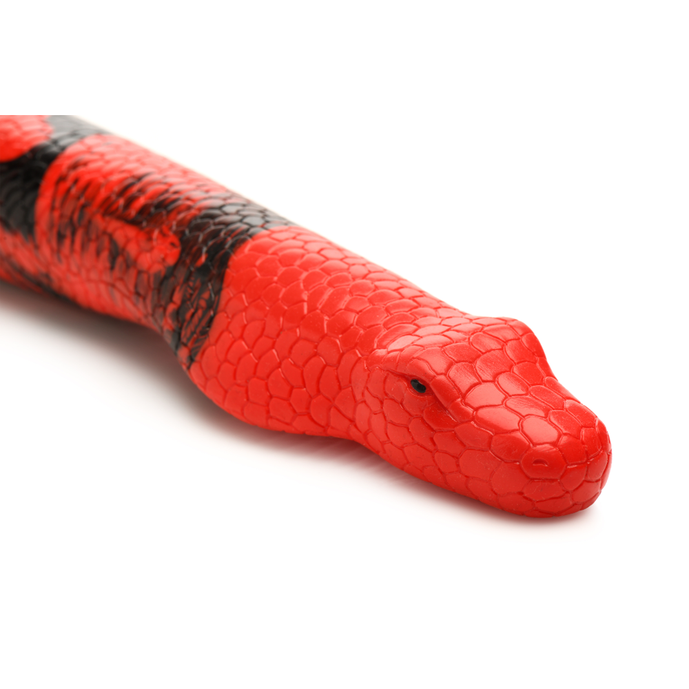 Red and black striped silicone snake toy with detailed scales and a cobra head.