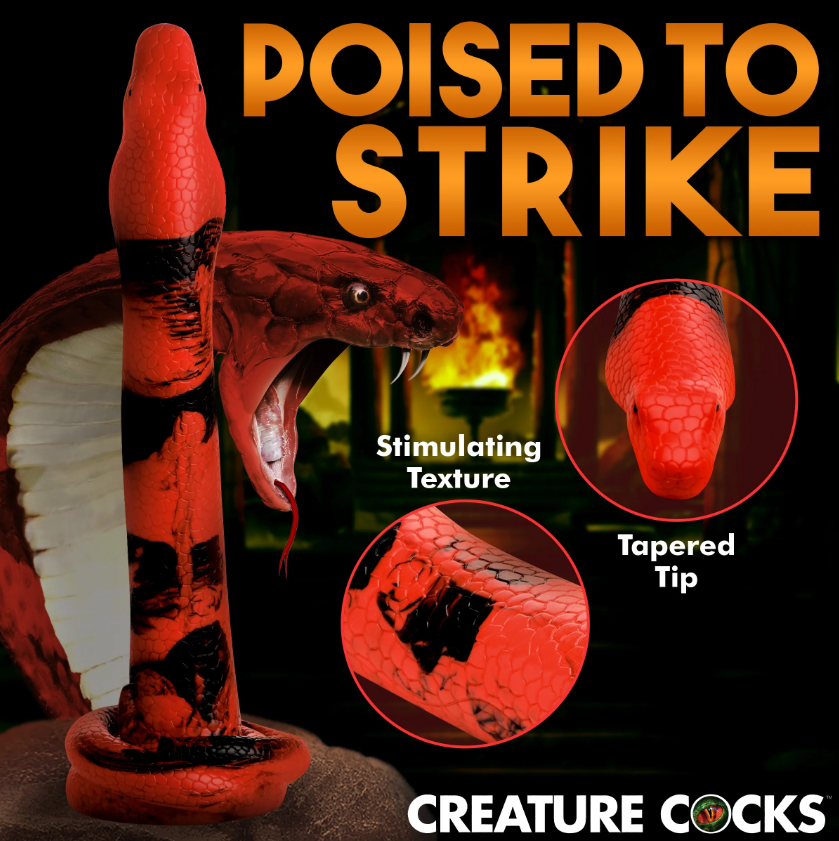 A red and black King Cobra dildo with a suction cup base.