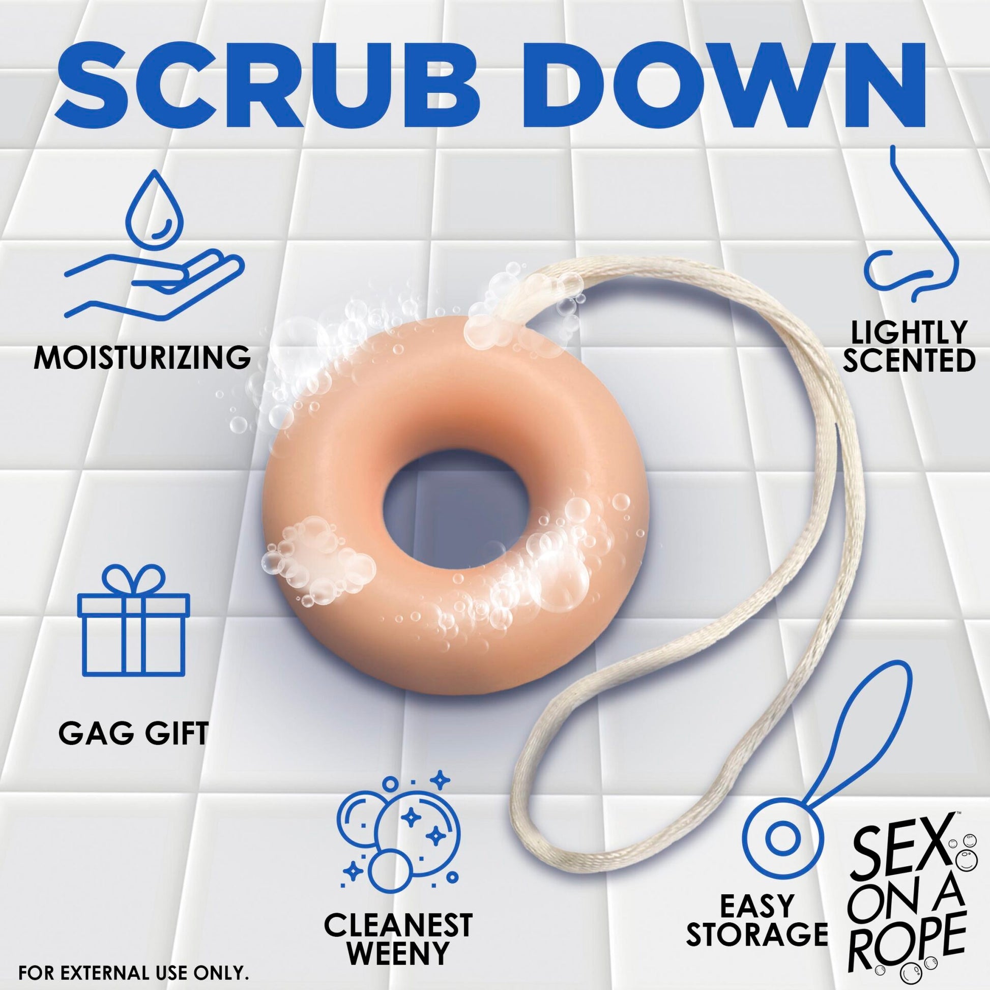 C-ring shaped novelty soap on a rope with moisturizing and lightly scented properties.