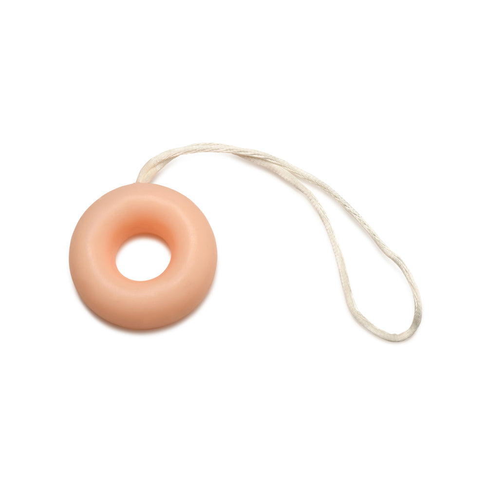 C-ring shaped novelty soap with a rope on a white background.