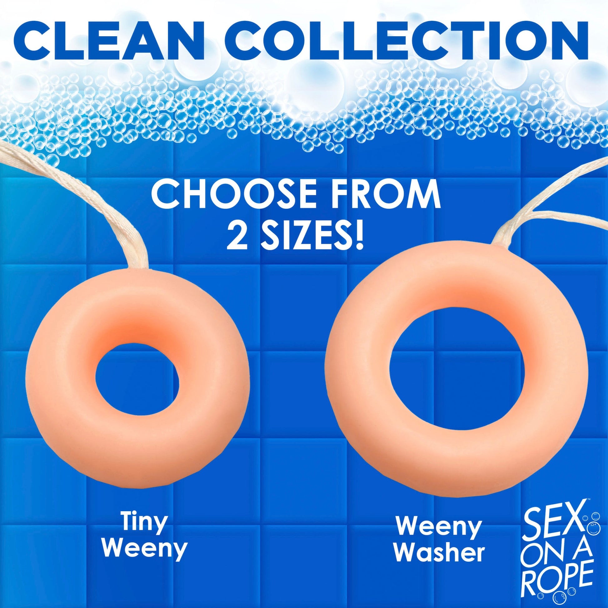 Two C-ring shaped soaps on a rope, one tiny and one larger.