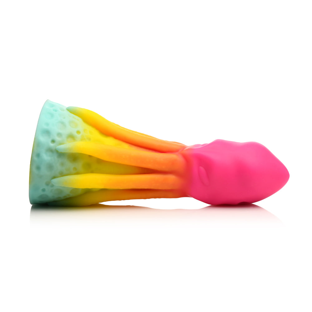 Rainbow silicone dildo with textured tentacles and a suction cup base.