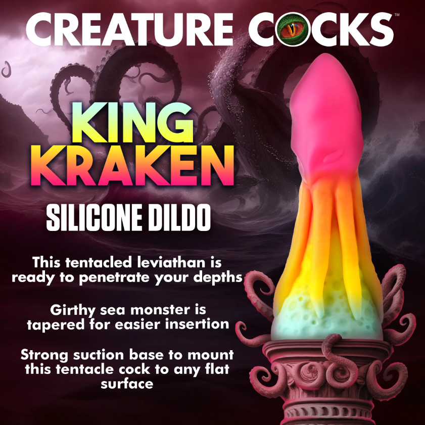 A rainbow-colored silicone dildo shaped like a kraken with tentacles and a suction cup base.