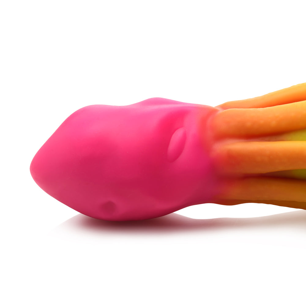 A pink and orange silicone dildo with textured tentacles.