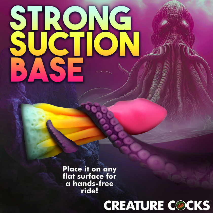 Rainbow silicone dildo with suction cup base and tentacle texture.